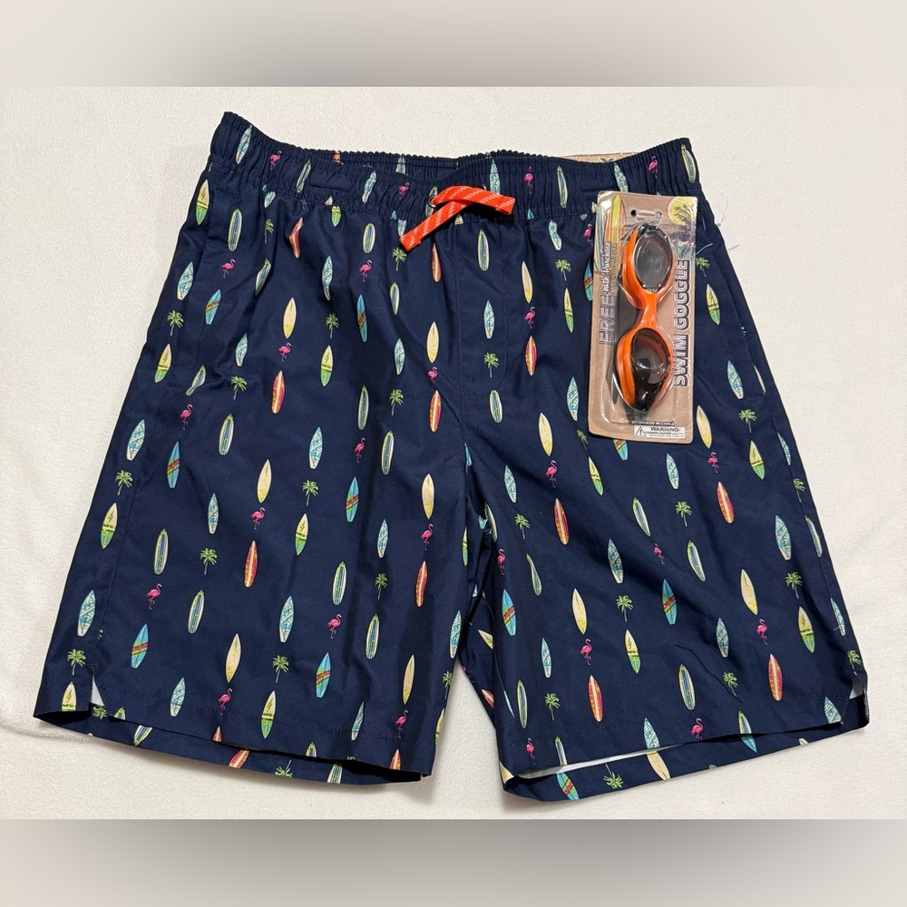 Zeroxposur Boys XL (18/20) 2-Pc Swim Trunks W/Goggles Set Navy Surfboard Print